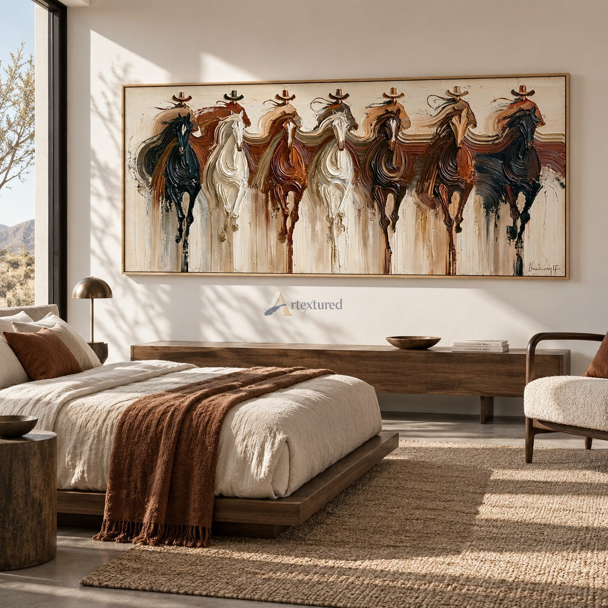 Seven Riders — Hand-Painted Textured Western Horse & Cowboy Panoramic Wall Art#wp261799