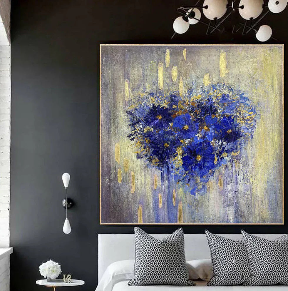 Blue Floral Heart – Modern Textured Canvas Art#AB0519036