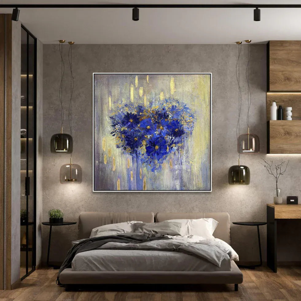 Blue Floral Heart – Modern Textured Canvas Art#AB0519036