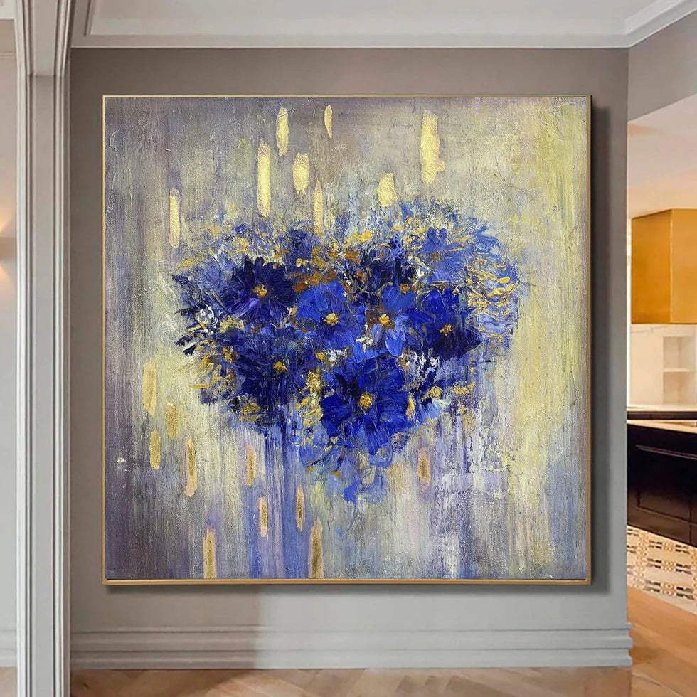 Blue Floral Heart – Modern Textured Canvas Art#AB0519036