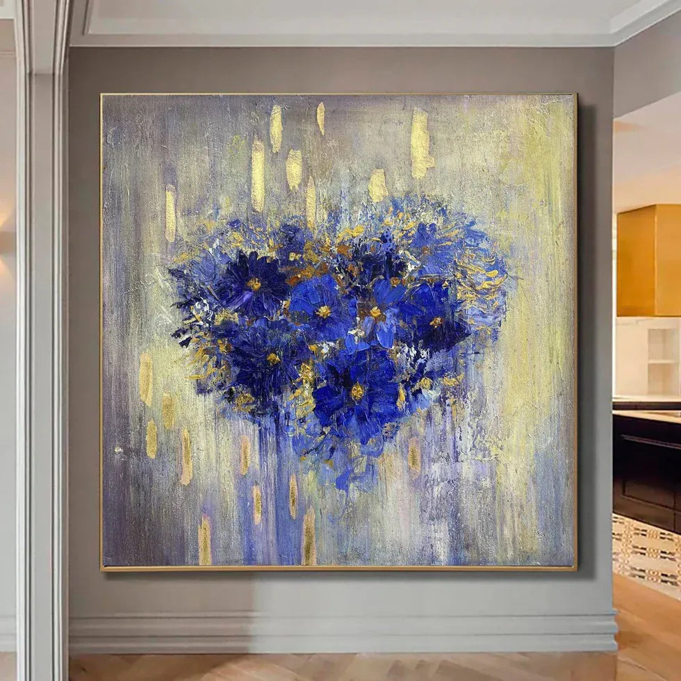 Blue Floral Heart – Modern Textured Canvas Art#AB0519036