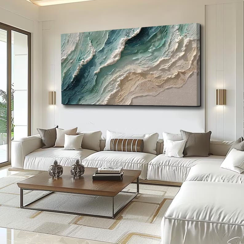 Teal Textured Ocean Wave Painting – Coastal Wall Art#yy61704