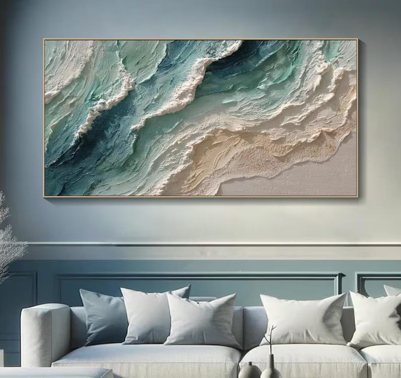 Teal Textured Ocean Wave Painting – Coastal Wall Art#yy61704