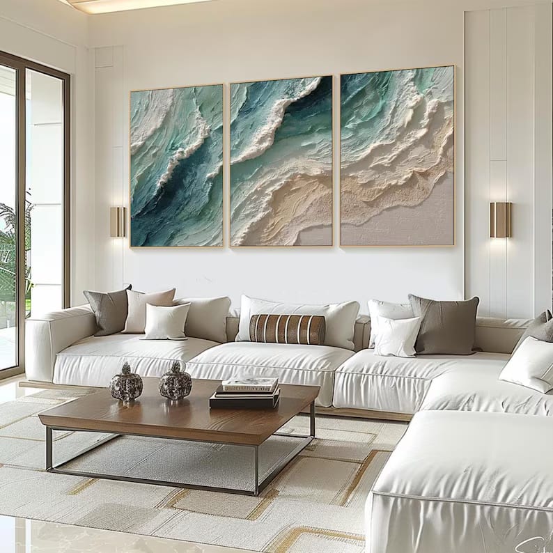 3 Piece Teal Ocean Wave Wall Art – Textured Coastal Painting#yy61705