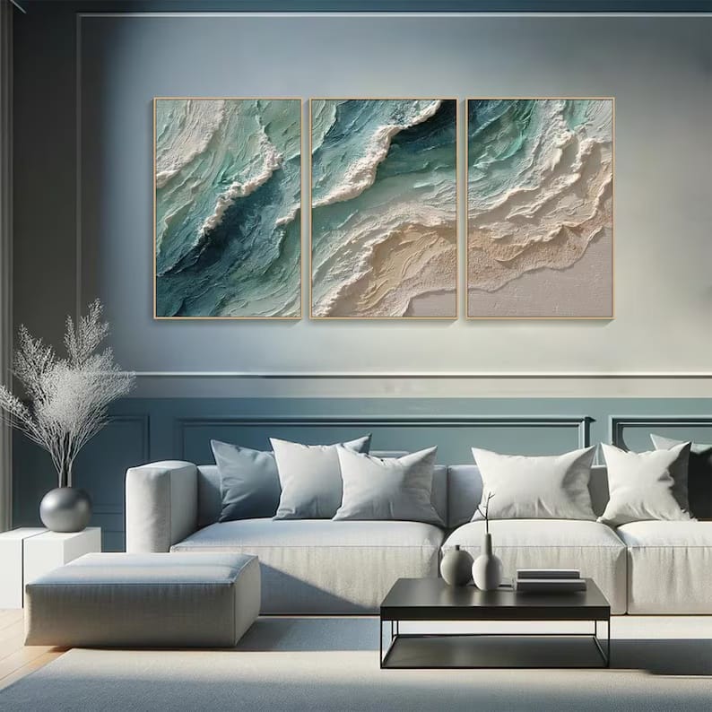 3 Piece Teal Ocean Wave Wall Art – Textured Coastal Painting#yy61705