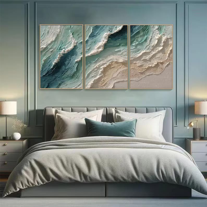 3 Piece Teal Ocean Wave Wall Art – Textured Coastal Painting#yy61705