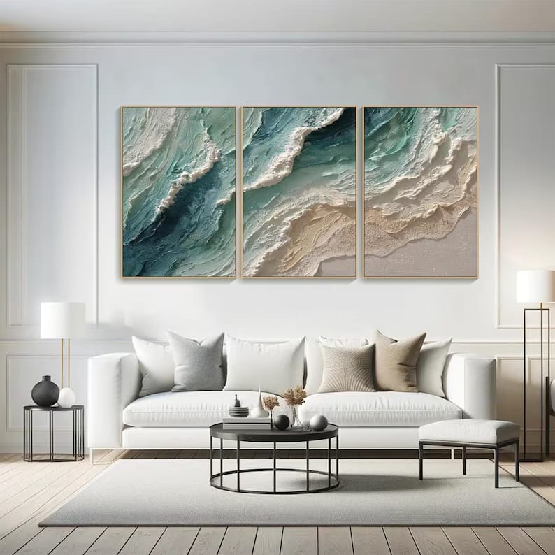 3 Piece Teal Ocean Wave Wall Art – Textured Coastal Painting#yy61705