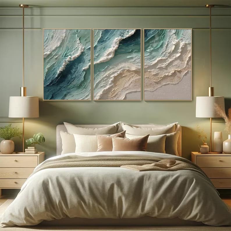 3 Piece Teal Ocean Wave Wall Art – Textured Coastal Painting#yy61705