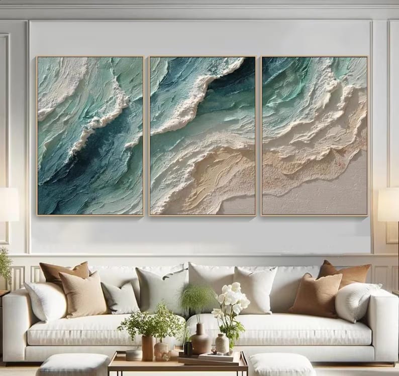 3 Piece Teal Ocean Wave Wall Art – Textured Coastal Painting#yy61705