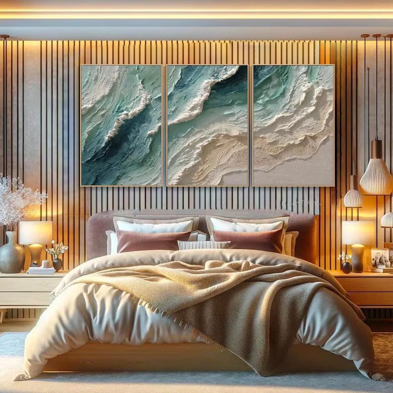 3 Piece Teal Ocean Wave Wall Art – Textured Coastal Painting#yy61705