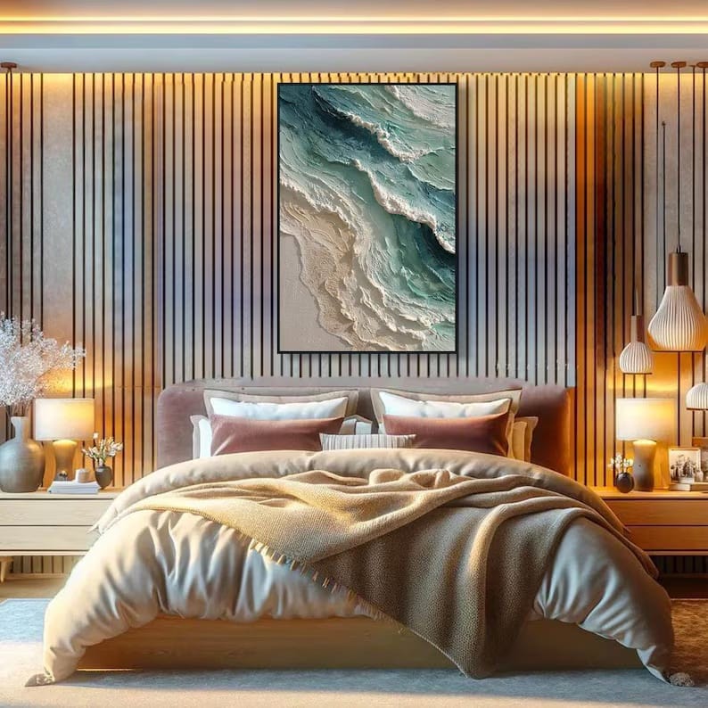 Vertical Teal Ocean Wave Painting – Textured Coastal Wall Art#yy61706