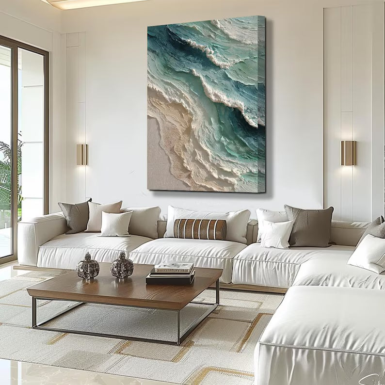 Vertical Teal Ocean Wave Painting – Textured Coastal Wall Art#yy61706
