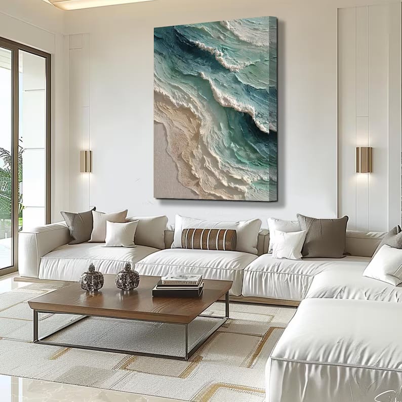 texture Vertical Teal Ocean Wave Painting – Textured Coastal Wall Art#yy61706