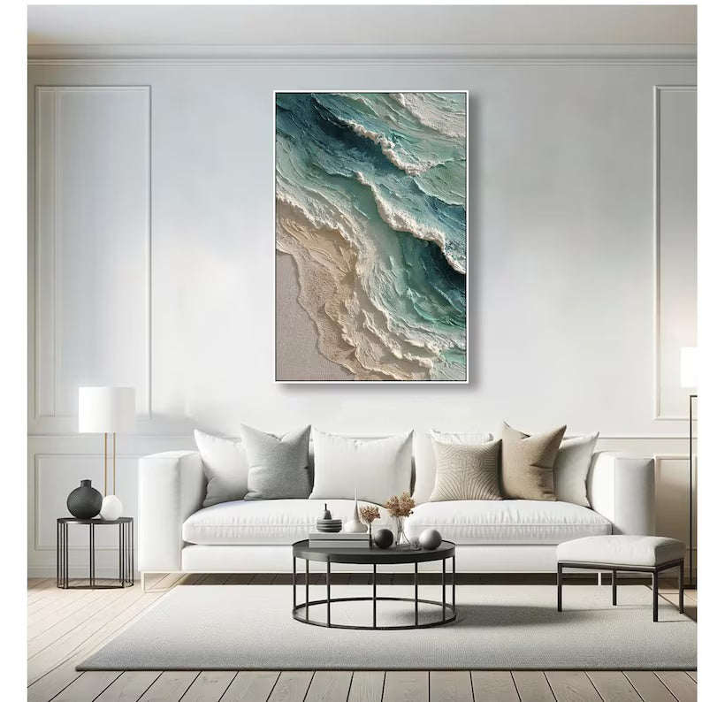 Vertical Teal Ocean Wave Painting – Textured Coastal Wall Art#yy61706