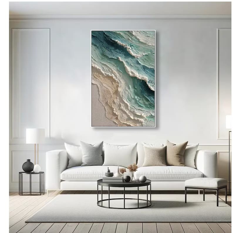 Vertical Teal Ocean Wave Painting – Textured Coastal Wall Art#yy61706