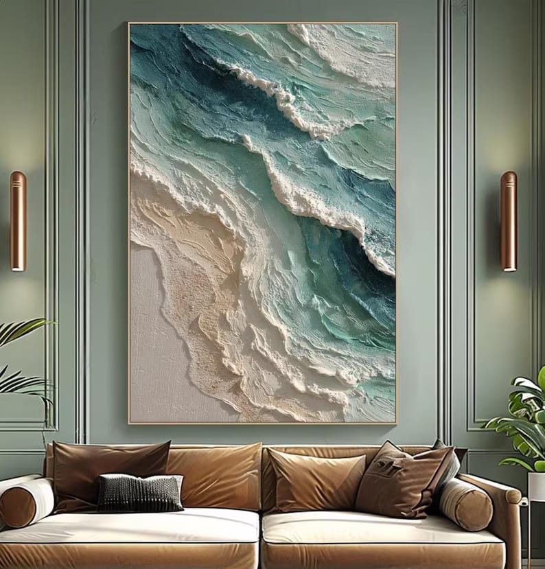 Vertical Teal Ocean Wave Painting – Textured Coastal Wall Art#yy61706