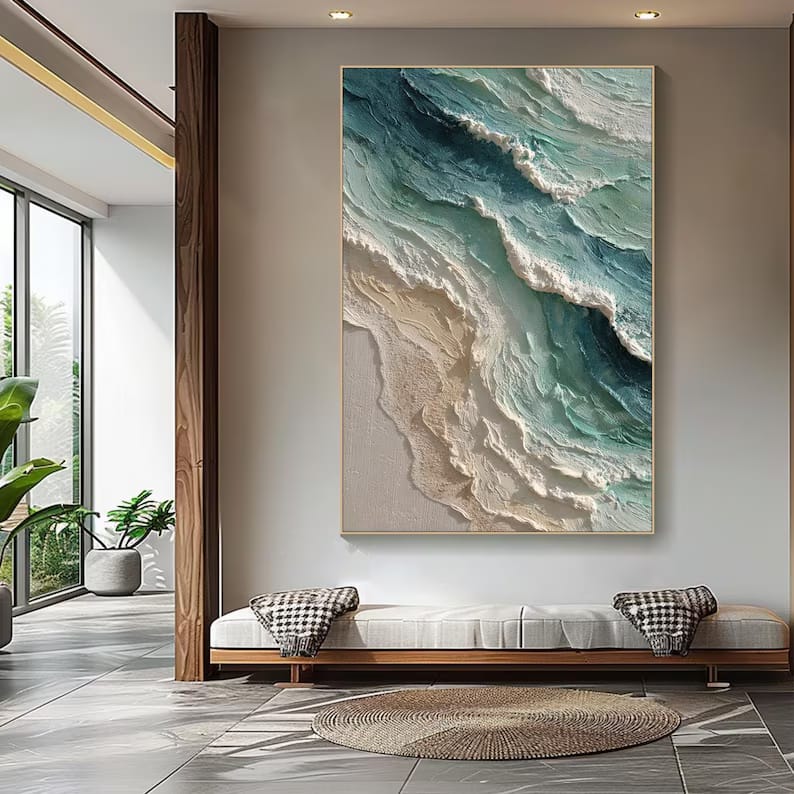 Vertical Teal Ocean Wave Painting – Textured Coastal Wall Art#yy61706