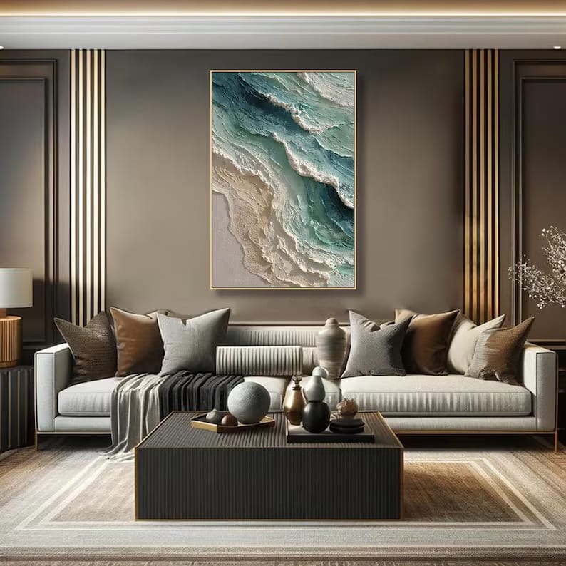 Vertical Teal Ocean Wave Painting – Textured Coastal Wall Art#yy61706