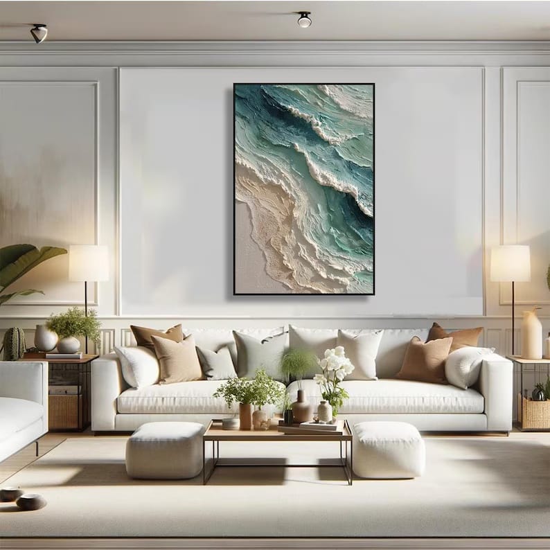 Vertical Teal Ocean Wave Painting – Textured Coastal Wall Art#yy61706