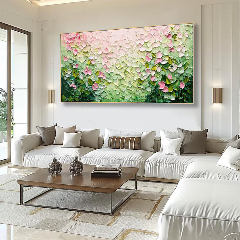 Pink and Green Textured Floral Painting – Botanical Wall Art#yy61708