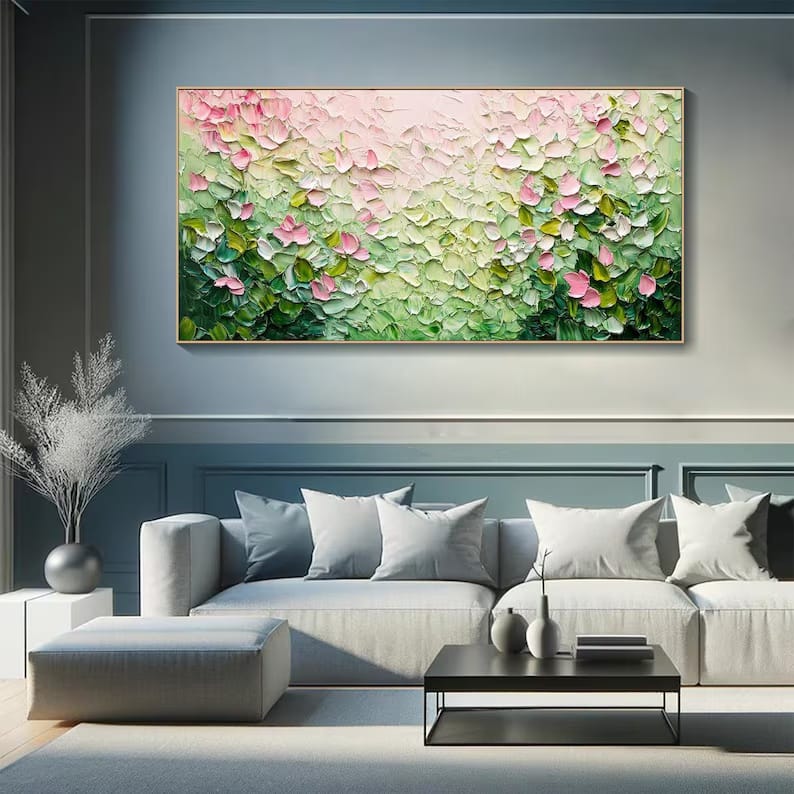 Pink and Green Textured Floral Painting – Botanical Wall Art#yy61708