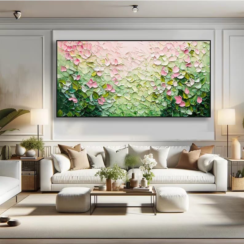 Pink and Green Textured Floral Painting – Botanical Wall Art#yy61708