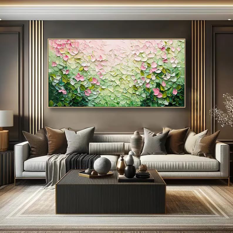 Pink and Green Textured Floral Painting – Botanical Wall Art#yy61708