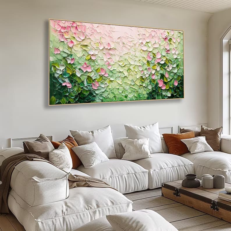 Pink and Green Textured Floral Painting – Botanical Wall Art#yy61708