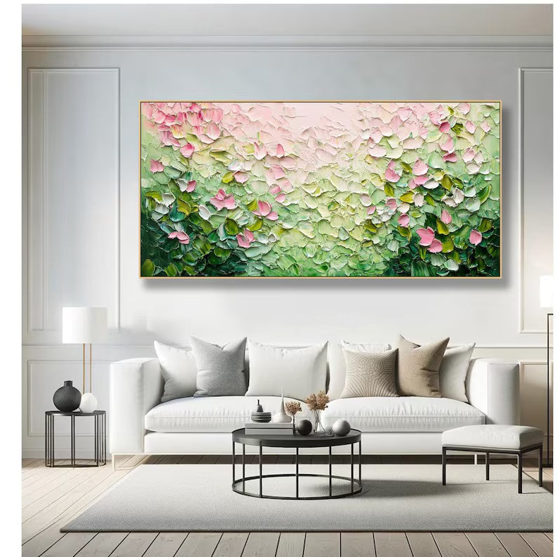 Pink and Green Textured Floral Painting – Botanical Wall Art#yy61708