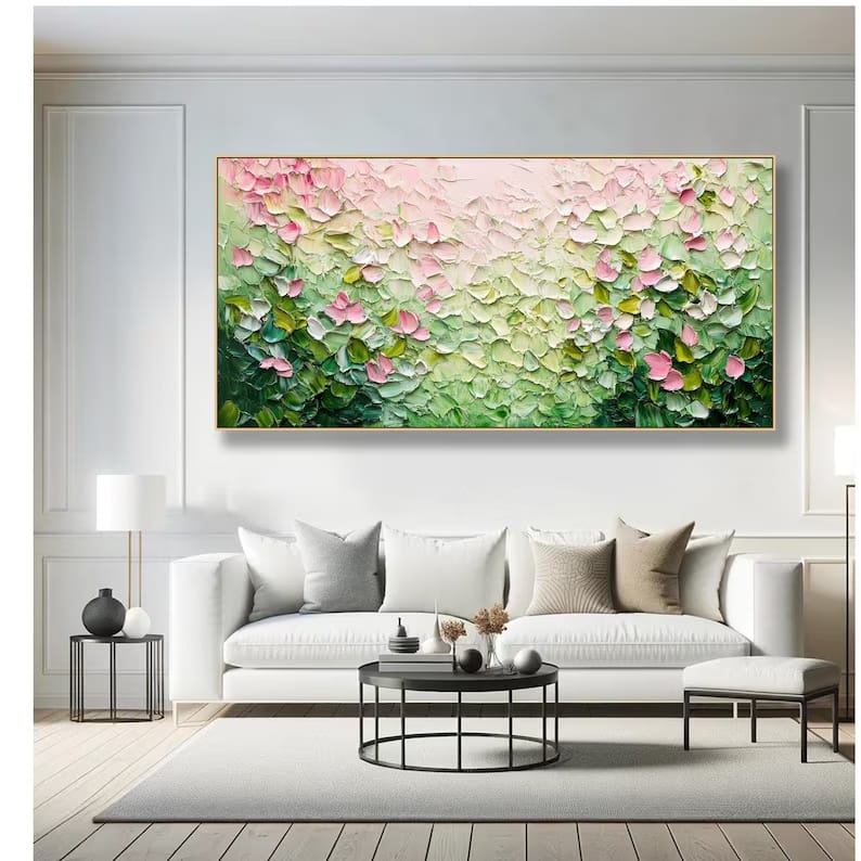 Pink and Green Textured Floral Painting – Botanical Wall Art#yy61708