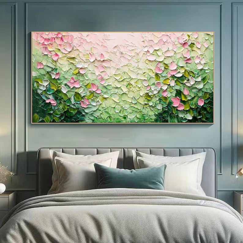 Pink and Green Textured Floral Painting – Botanical Wall Art#yy61708