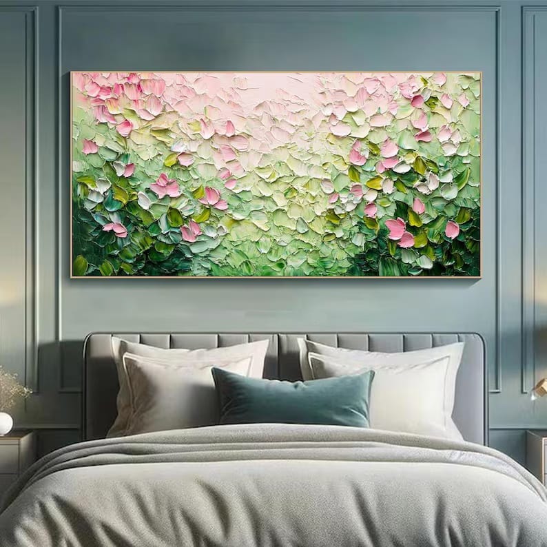 Pink and Green Textured Floral Painting – Botanical Wall Art#yy61708