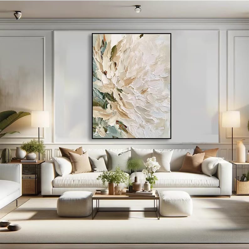 White Textured Floral Painting – Neutral Botanical Wall Art#yy61709