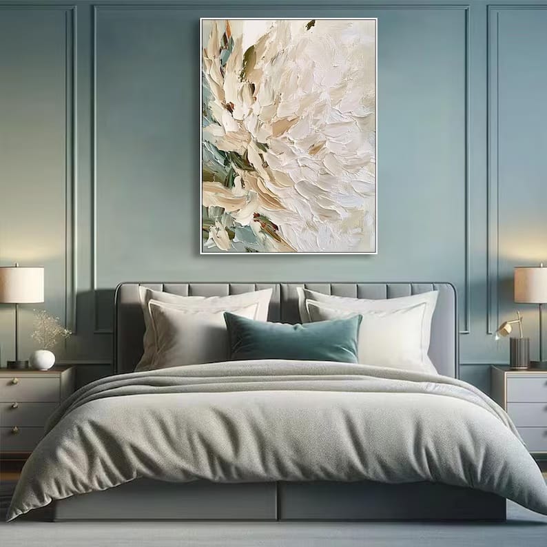 White Textured Floral Painting – Neutral Botanical Wall Art#yy61709