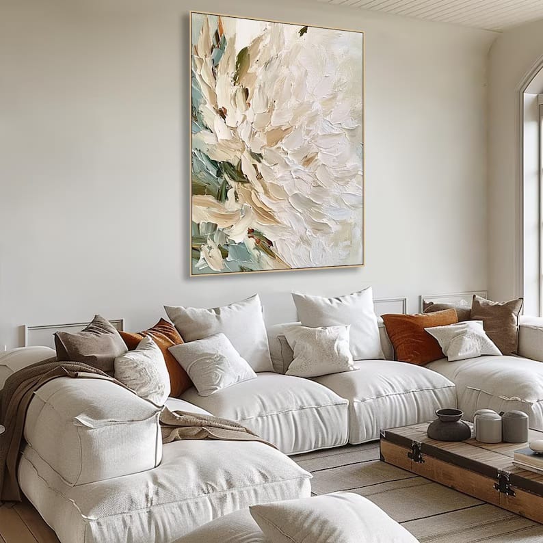 White Textured Floral Painting – Neutral Botanical Wall Art#yy61709