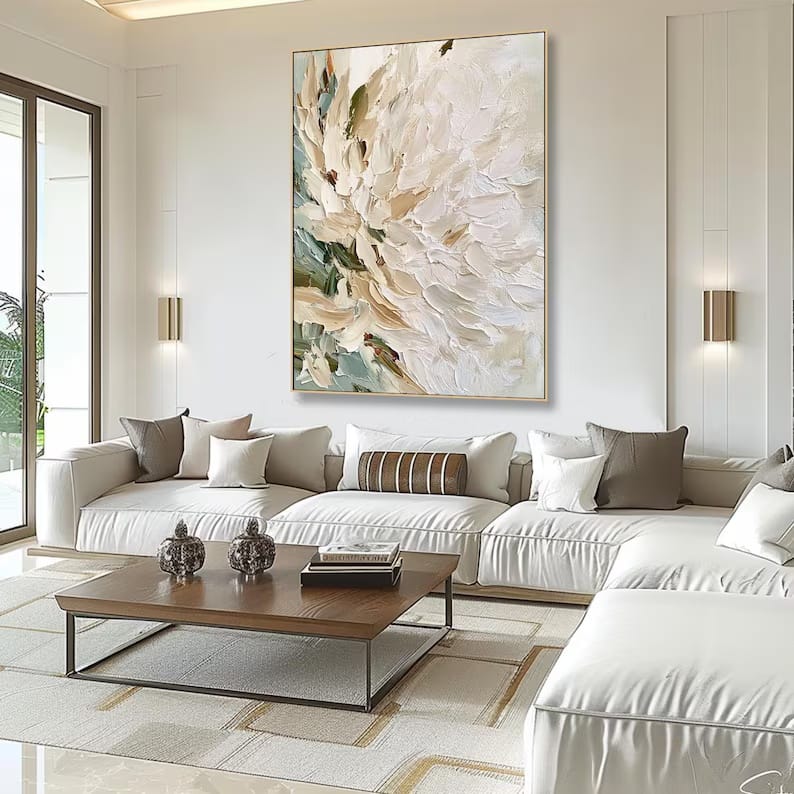 White Textured Floral Painting – Neutral Botanical Wall Art#yy61709