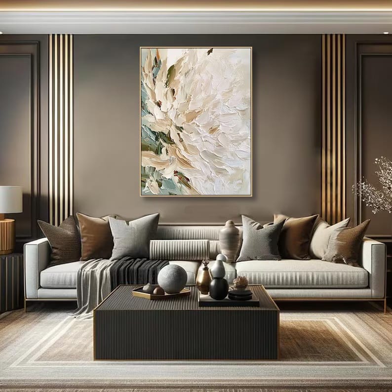 White Textured Floral Painting – Neutral Botanical Wall Art#yy61709