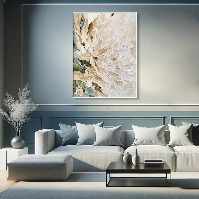 White Textured Floral Painting – Neutral Botanical Wall Art#yy61709