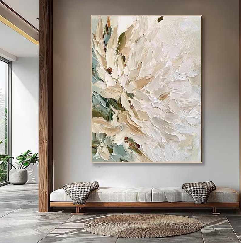 White Textured Floral Painting – Neutral Botanical Wall Art#yy61709