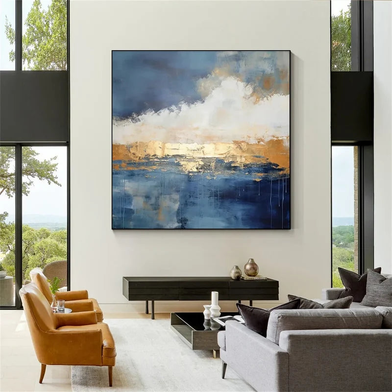 Blue Abstract Ocean Wall Art – Modern Textured Canvas Painting#yy721004