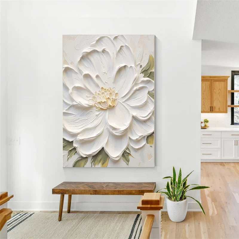 White Flower Textured Wall Art – 3D Floral Canvas Painting#yy721011