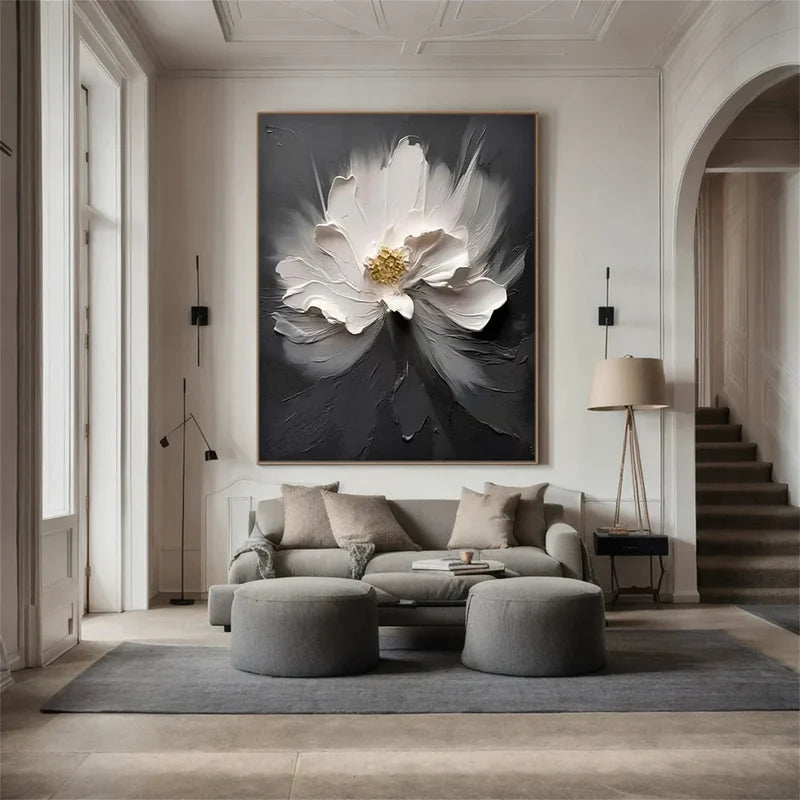 Black White Flower Wall Art – 3D Textured Floral Canvas Painting#yy721014