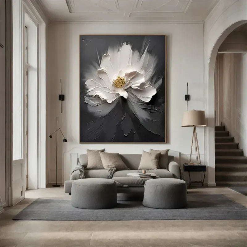 texture Black White Flower Wall Art – 3D Textured Floral Canvas Painting#yy721014