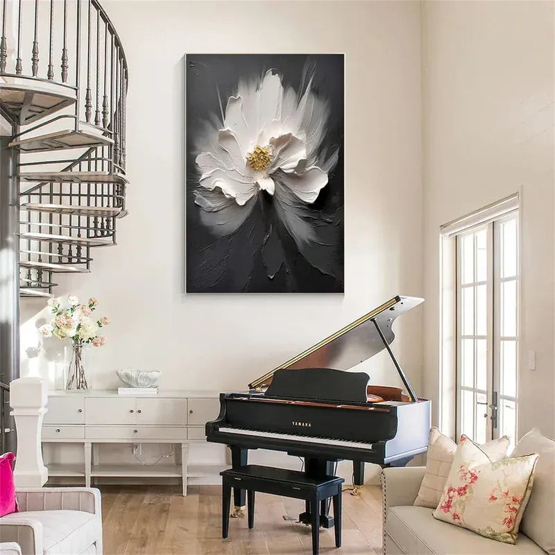 Black White Flower Wall Art – 3D Textured Floral Canvas Painting#yy721014