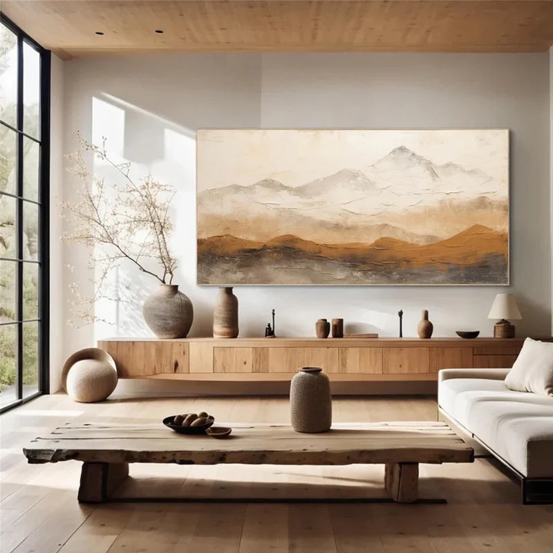 Neutral Mountain Landscape Wall Art – Minimalist Nature Canvas Painting#yy721015
