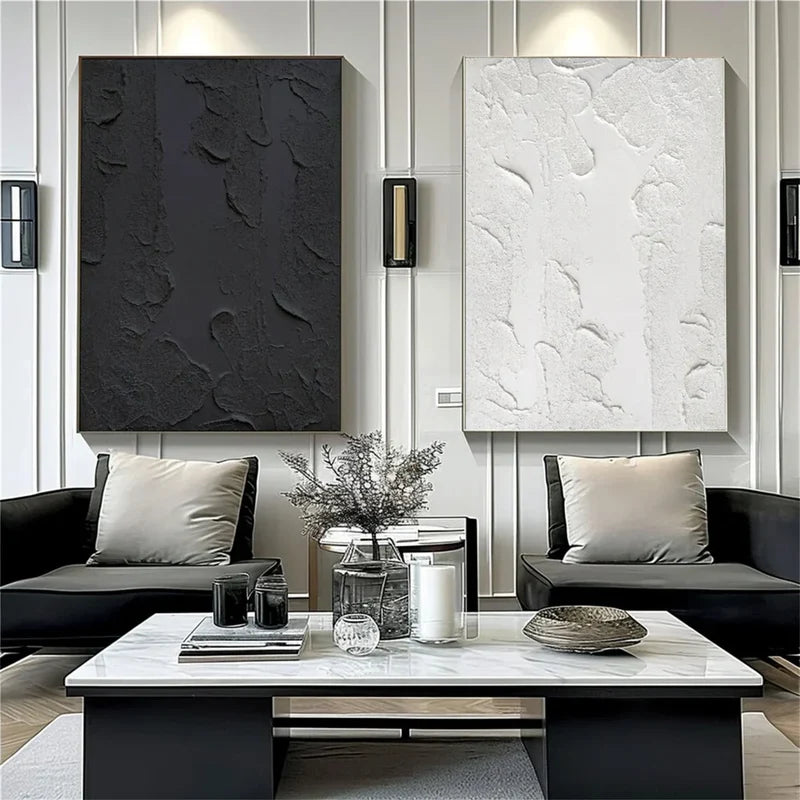 Black & White Textured Wall Art Set – Minimalist Diptych Canvas Painting#yy721020