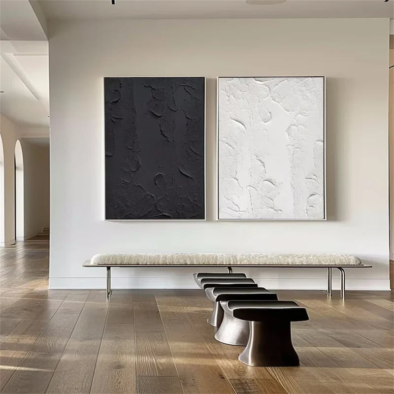 Black & White Textured Wall Art Set – Minimalist Diptych Canvas Painting#yy721020