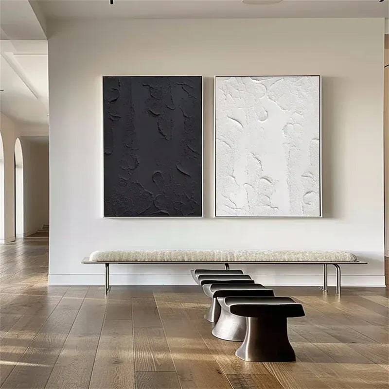 Black & White Textured Wall Art Set – Minimalist Diptych Canvas Painting#yy721020