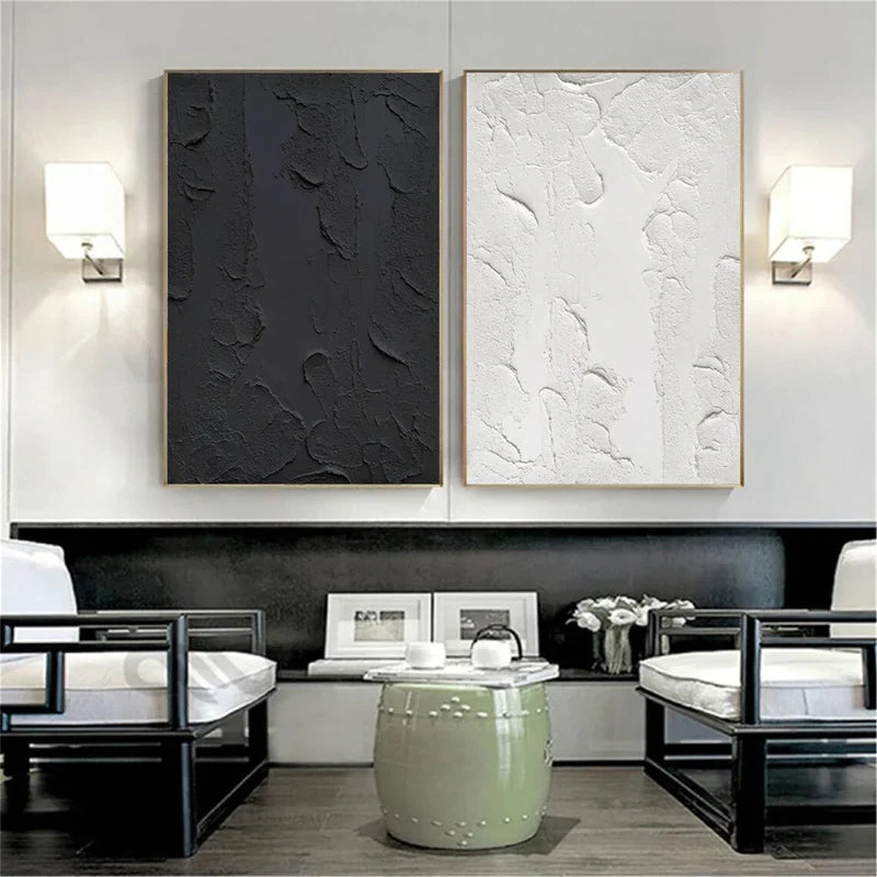 Black & White Textured Wall Art Set – Minimalist Diptych Canvas Painting#yy721020