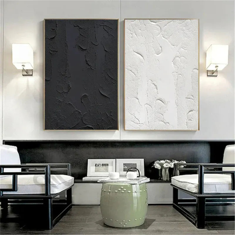 Black & White Textured Wall Art Set – Minimalist Diptych Canvas Painting#yy721020